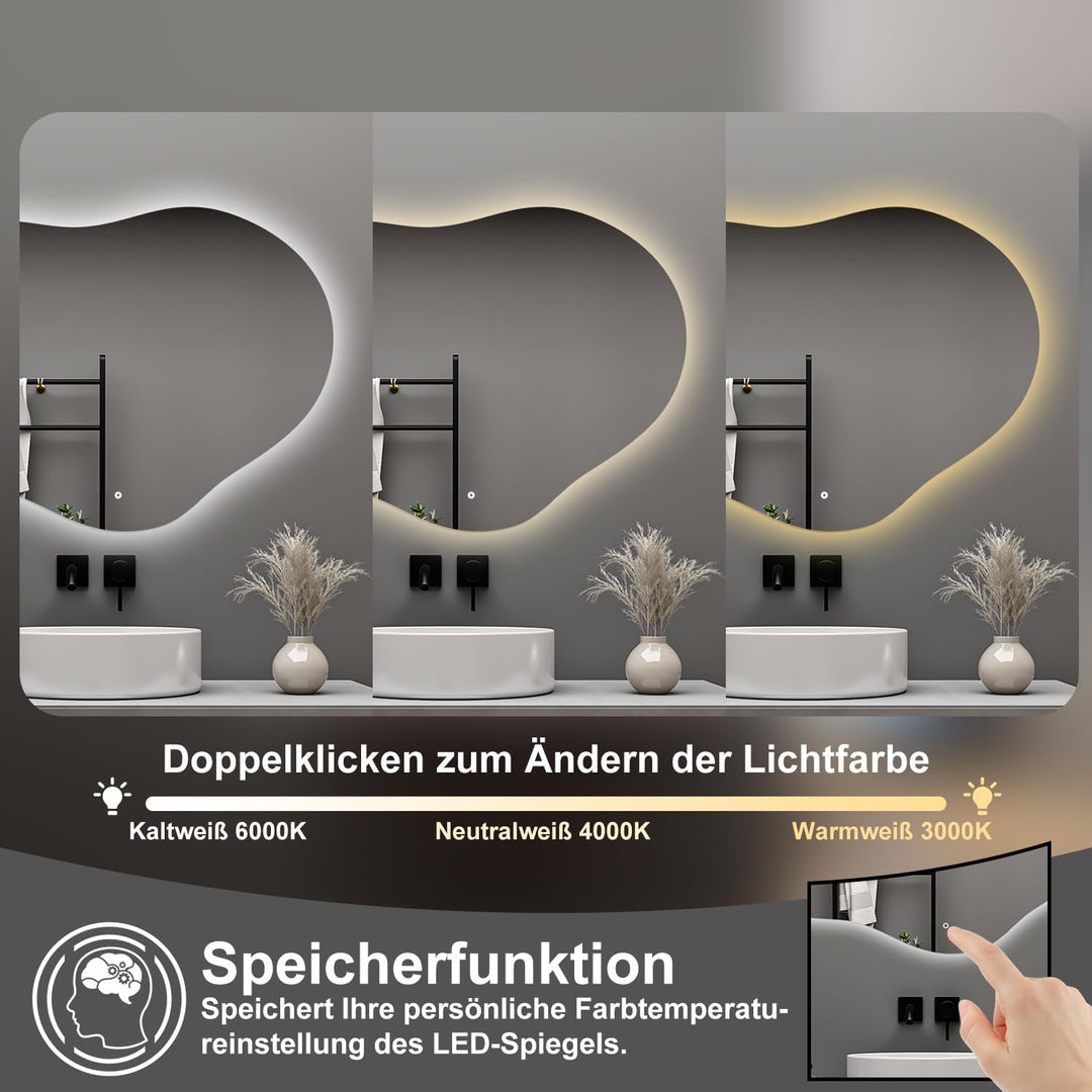 Aica Sanitär Badspiegel Asymmetrisch 50×45cm 3 Lichtfarben dimmbar Memory Touch Wandschalter Beschla