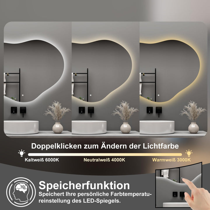 Aica Sanitär Badspiegel Asymmetrisch 50×45cm 3 Lichtfarben dimmbar Memory Touch Wandschalter Beschla