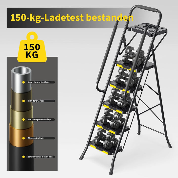 KINGRACK Leiter 5 Stufen mit Werkzeugplattform, trittleiter 5 Stufen klappbar mit Handläufen, stabil