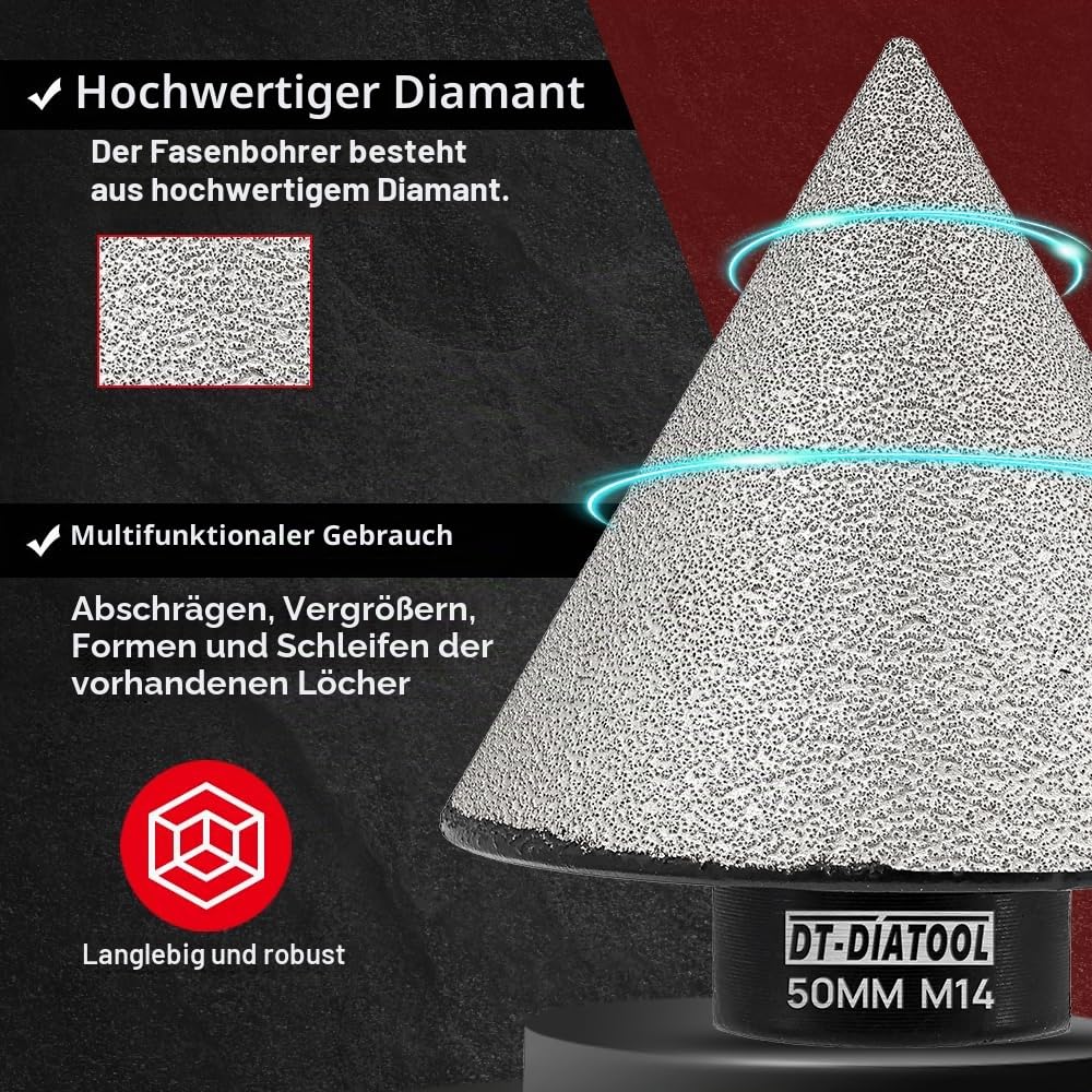 DT-DIATOOL Diamant abschrägende Fase Bohrer zum Vergrössern Beschneiden Formung Löcher für feinstein