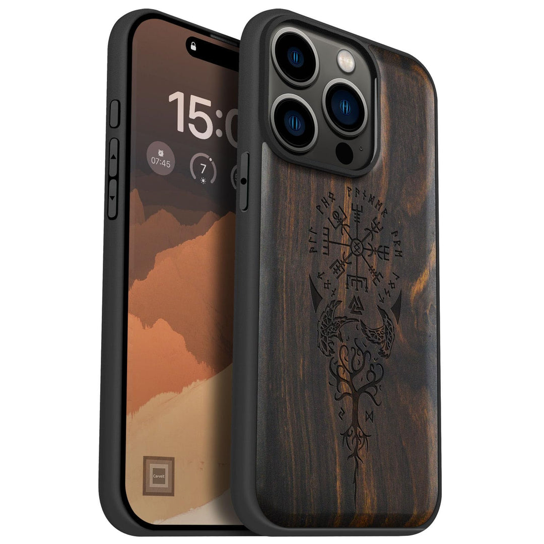 Carveit Holz Cover für iPhone 15 Pro hülle, Kompatibel mit Magsafe Silikon Stossfeste Cover, Magneti