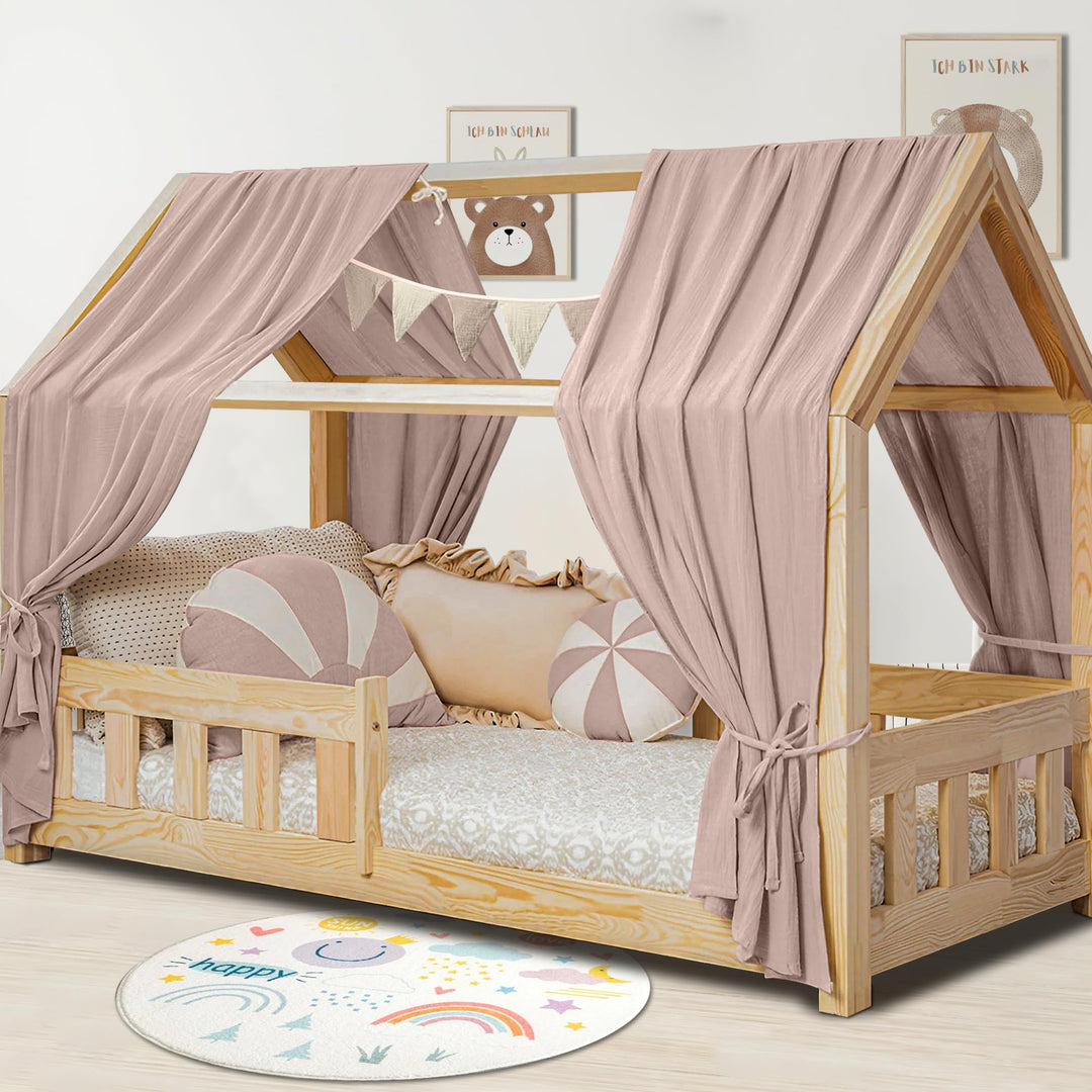 Hausbett Himmel Deko Set, Betthimmel Hausbett aus Musselin - 2 Betthimmel & 1 Wimpelkette, für Junge