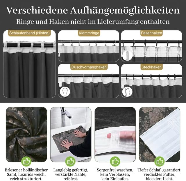 Rosnek Samt Vorhang Grau Blickdicht 2er Set,Gardinen Kräuselband mit Heissprägen Muster,Thermogardin