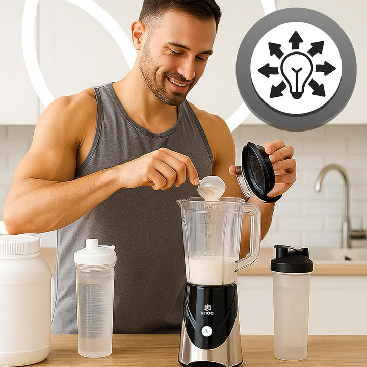 Retoo Blender Standmixer 10-in-1, 1,2L Edelstahl, 2x Bidons, Smoothie Maker mit Ice-Crush Funktion,