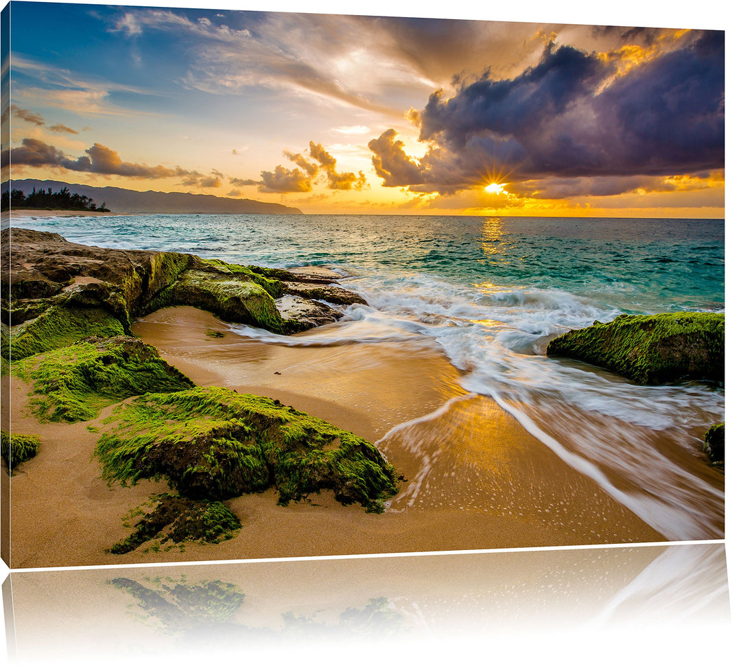 Sonnuntergang auf Hawaii, Format: 100x70 auf Leinwand, XXL riesige Bilder fertig gerahmt mit Keilrah