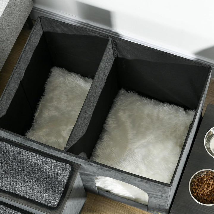 PawHut Katzenhöhle Katzenbett mit Kissen, Treppe, 2 Edelstahlnäpfen, Trennwand, Liegefläche, Katzenh