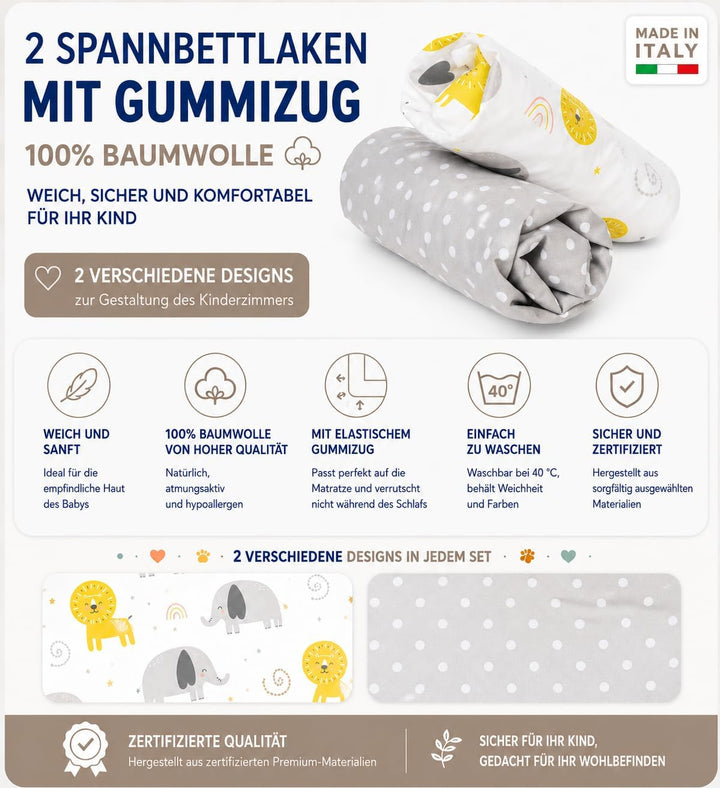 FlyIdeas Spannbettlaken für Beistellbett 90x55 cm, 2 STK - 2 Spannbettlaken für alle Babybettchen Ma