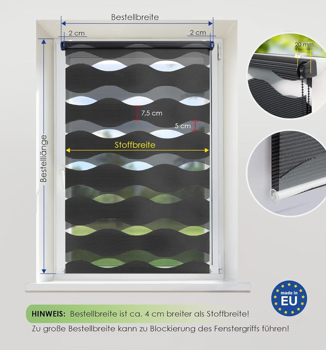 Rikmani Doppelrollo Fensterrollo Welle Klemmfixierung Duo-Rollo Zebrarollo Seitenzugrollo ohne Bohre