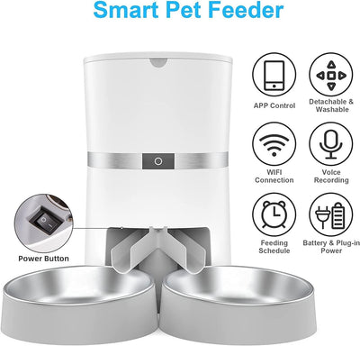 WellToBe Smart Futterautomat Katze und Hund, WiFi Automatischer Futterspender für 2 Katze, Pet Feede