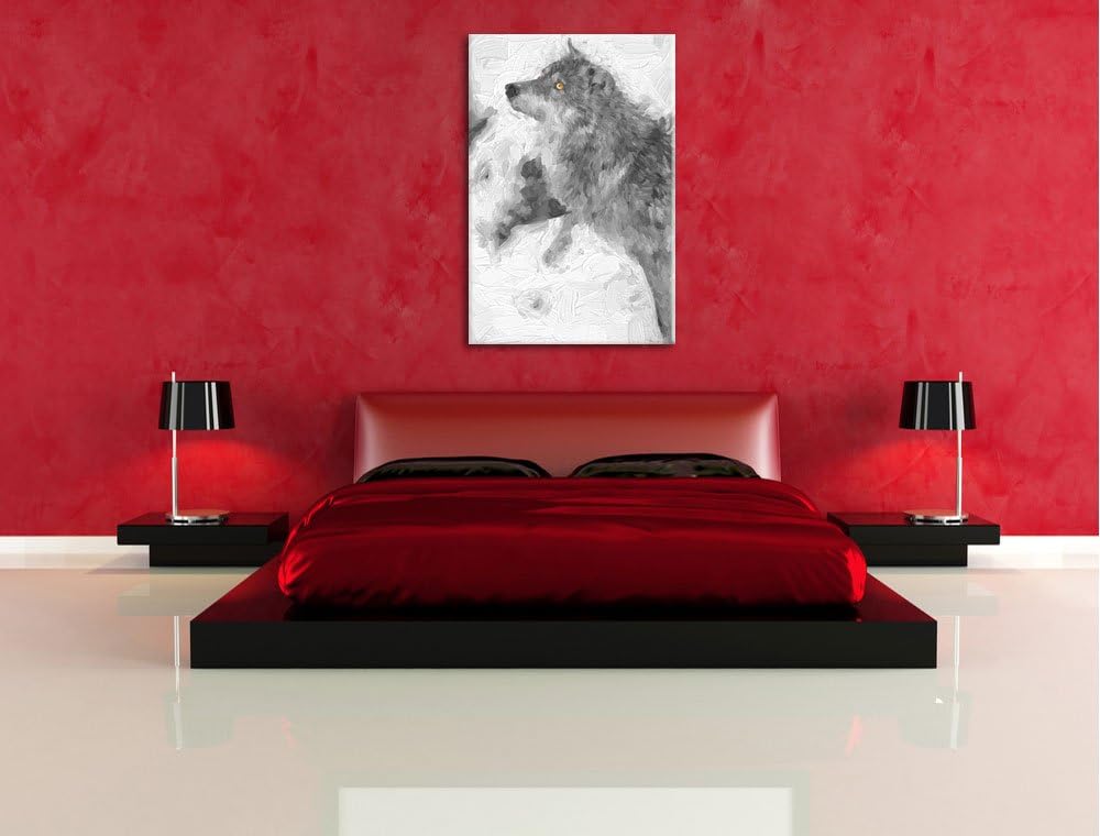 schöner Wolf im Schnee schwarz/weiss Deluxe Format: 100x70 cm auf Leinwand, XXL riesige Bilder ferti