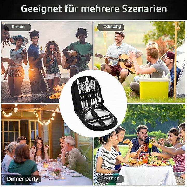 Campingbesteck Set für 2 Personen, Tragbares Edelstahl Outdoor Geschirr Set für Camping, Picknick un