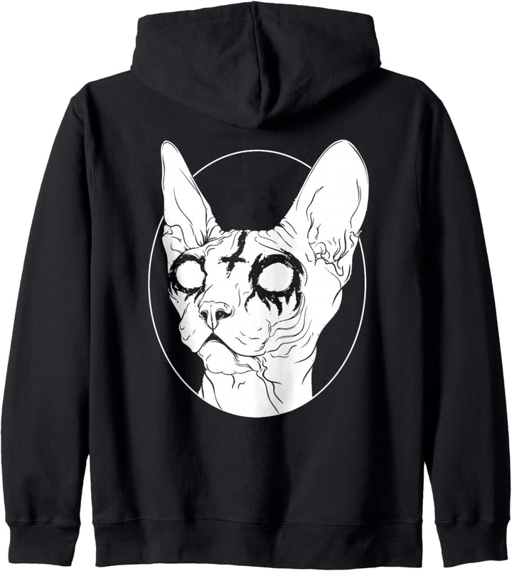 Schwarze Sphynx-Katze aus Metall | Pastell Gothic und Death Metal Kapuzenjacke