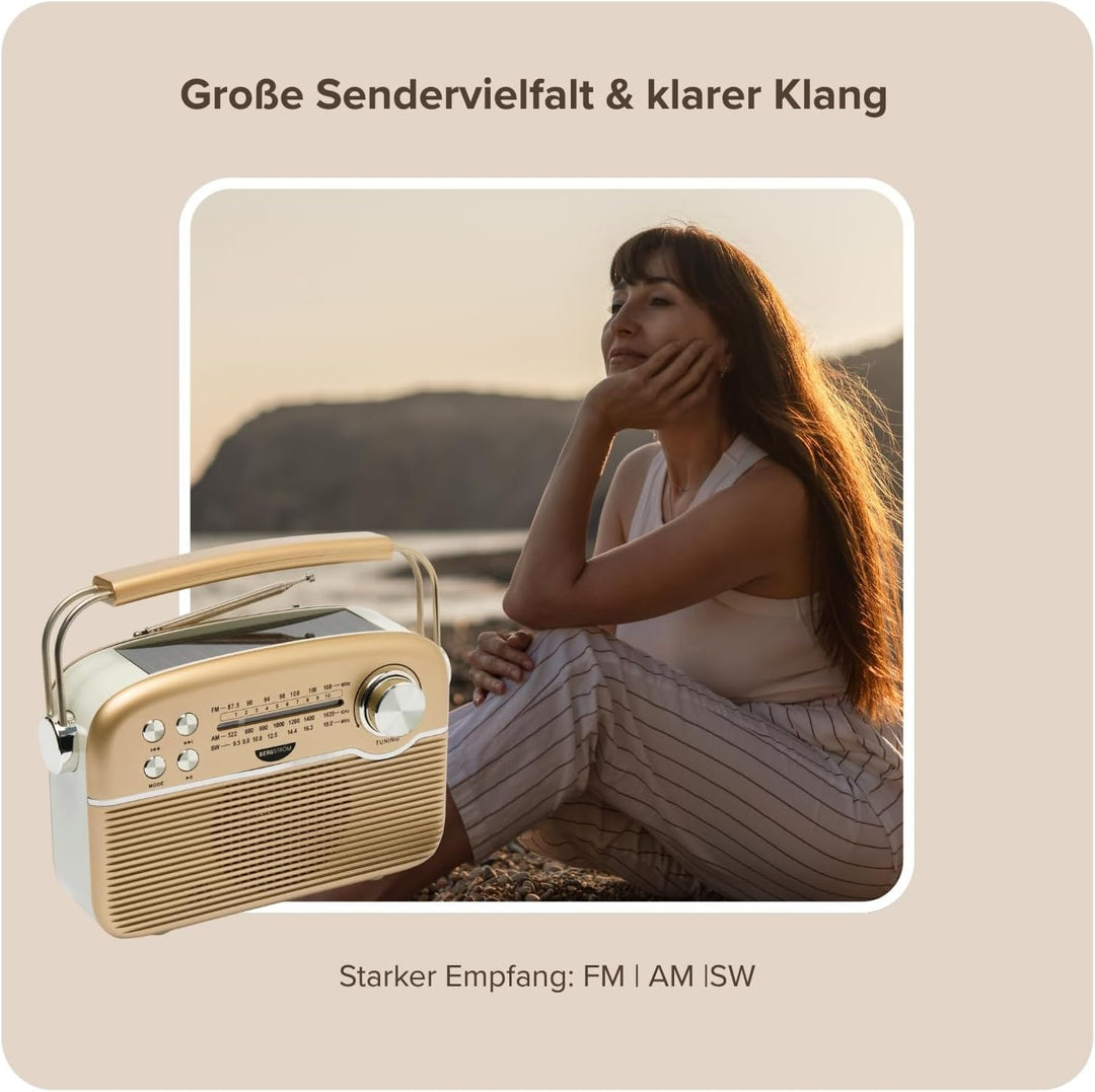 3 PAGEN® tragbares Solar-Radio Retrodesign – Solar- & Akkubetrieb – vielseitige Wiedergabeoptionen –