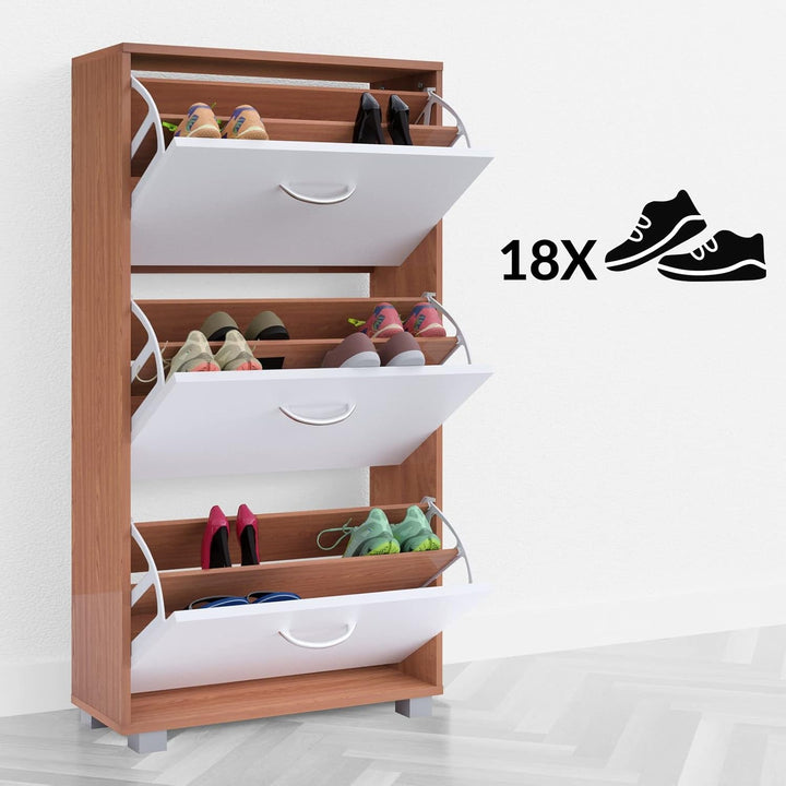 Casaria® Schuhschrank für 18 Paar Schuhe Schmal 115x60x25cm 3 Klappen Hoch Holz Geschlossen Kippsich