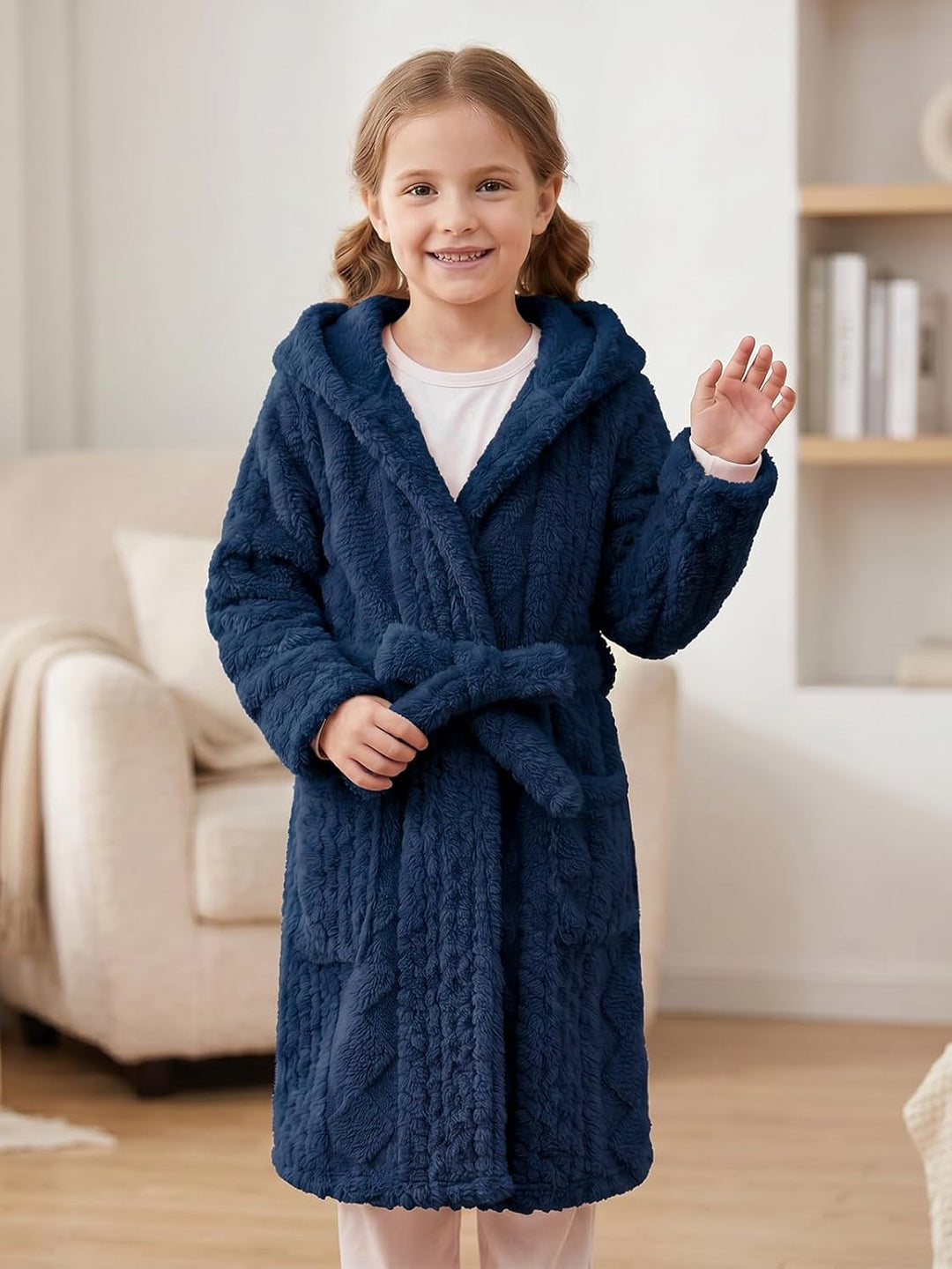 JiAmy Kinder Bademantel mit Kapuze Fleece Morgenmantel für Jungen Mädchen Navyblau 10-12 Jahre, Navy
