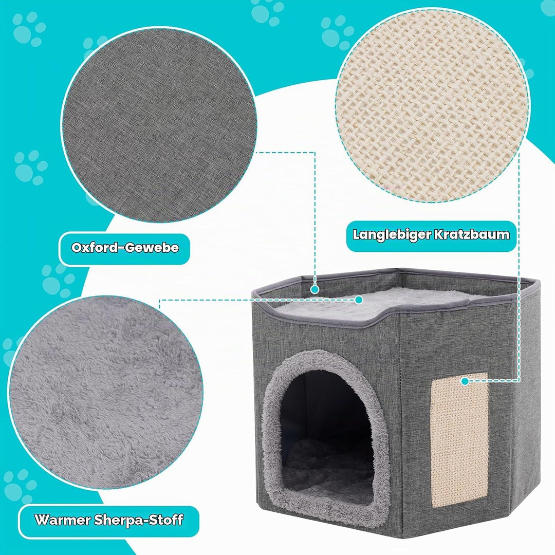 Faltbares Katzenhaus Indoor grosse Katzen mit 2 abnehmbaren Kissen und Kratzbrett Katzenhaus Höhle f