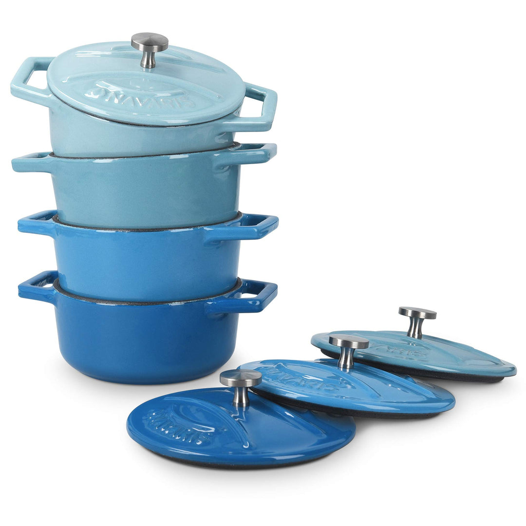 Navaris Mini Cocotte Set - 4x Gusseisen Mini Topf Blau - Optimale Wärme Distribution - Mini Auflauff