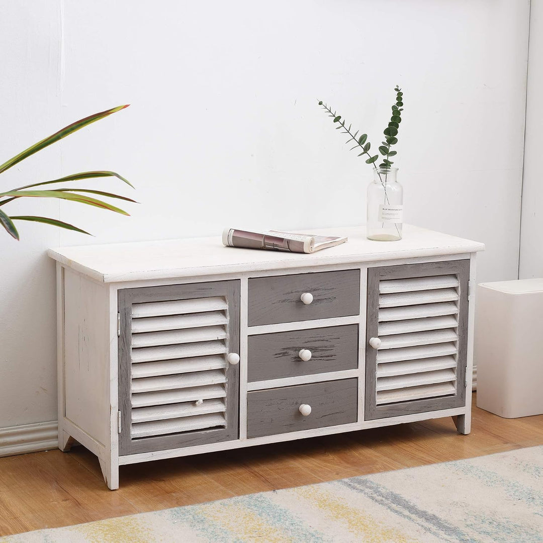 Rebecca Mobili Lowboard für Fernseher, Fernseherschrank 2 Türen 3 Schubladen, Holz, Weiss Grau, Vint