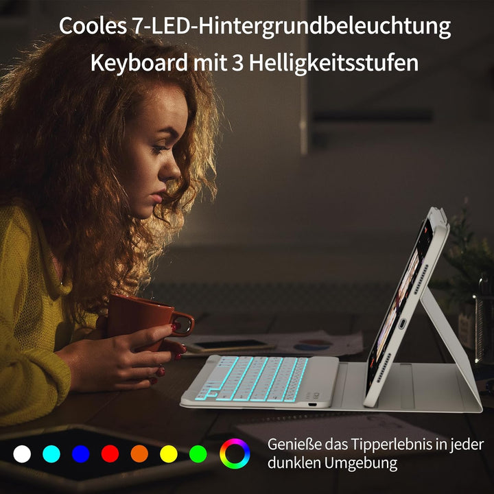 Hülle mit Tastatur für iPad A16 11/10 Generation (2025/2022, 11/10.9 Zoll)- 7 Farben Beleuchtete Mag