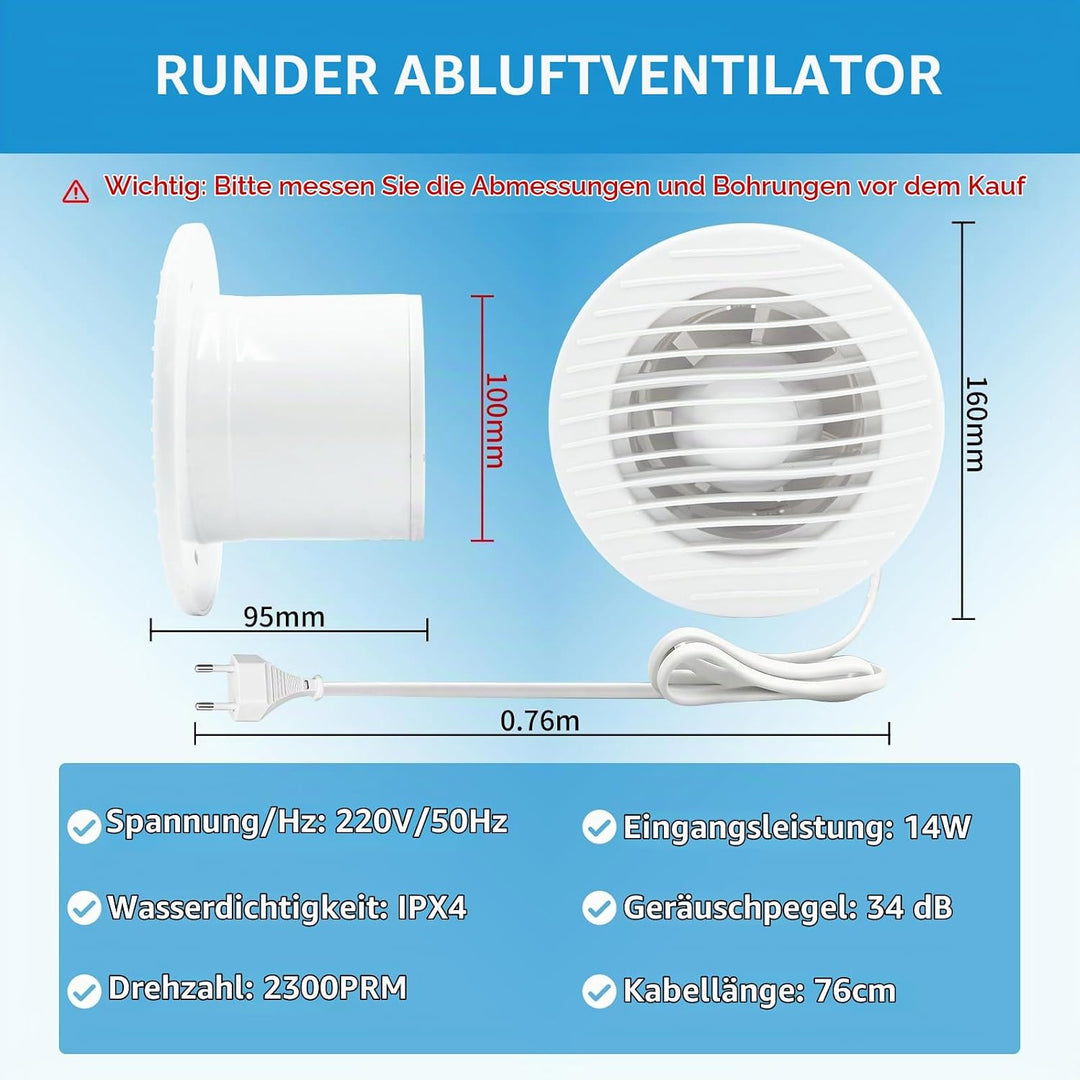 FanGoFast Badlüfter 100mm, Leistungsstarker Abluftventilator mit Rückstauklappe, Wasserdicht 14W Ene