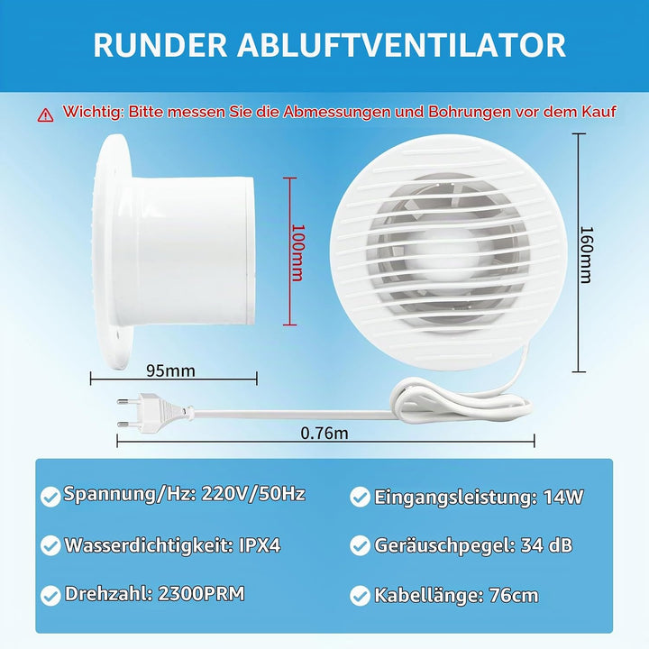 FanGoFast Badlüfter 100mm, Leistungsstarker Abluftventilator mit Rückstauklappe, Wasserdicht 14W Ene