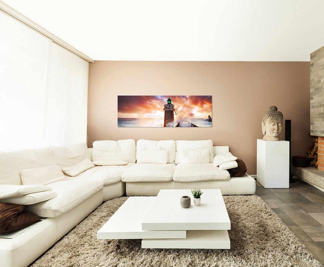 Paul Sinus Art Panoramabild auf Leinwand und Keilrahmen 150x50cm Meer Welle Leuchtturm Steg Wolkenhi