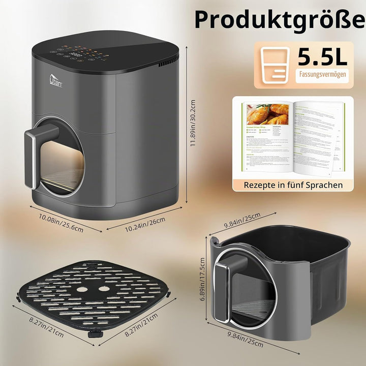 Uten Dual Blaze Heissluftfritteuse 5,5 L mit Sichtfenster, XXL Frittieren Fett, Farbbildschirm, 14 P