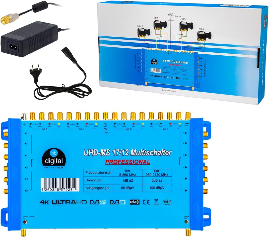 Multischalter pmse 17/12 HB-DIGITAL 4X SAT bis 12 x Teilnehmer/Receiver für Full HDTV 3D 4K UHD mit