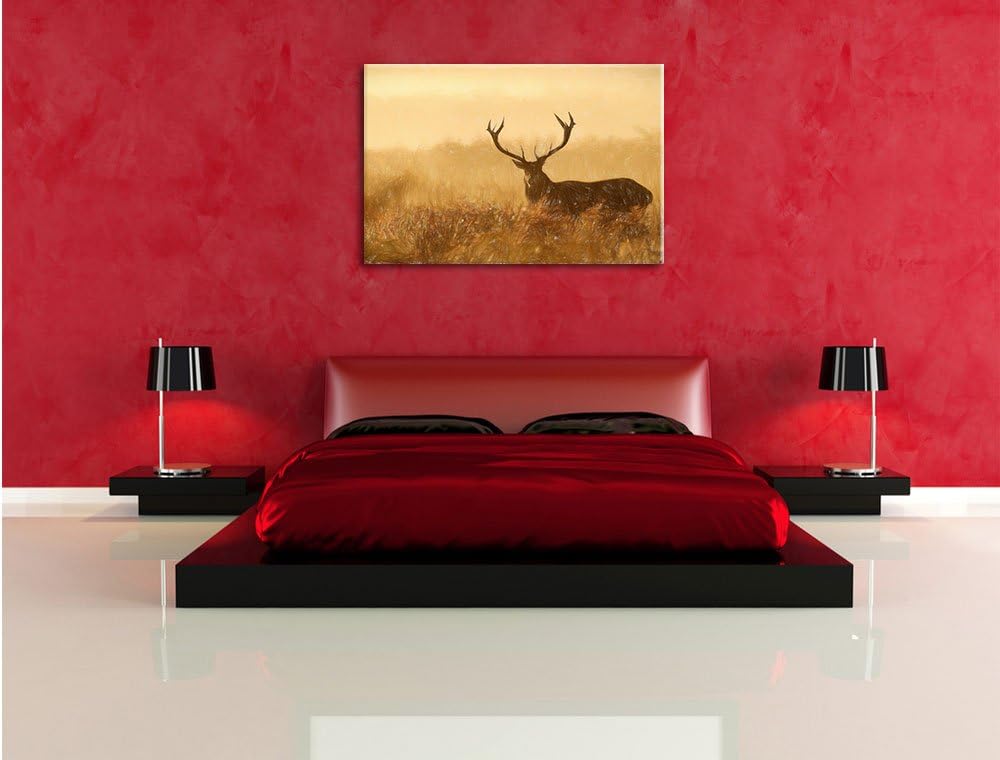 Pixxprint Rotwild Hirsch in Abenddämmerung Kunst Buntstift Effekt, Format: 100x70 auf Leinwand, 100x