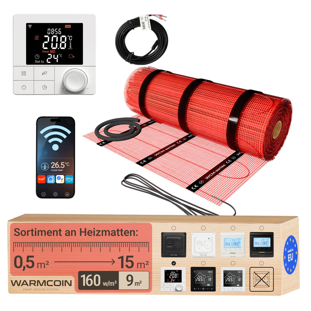 Elektrische Fussbodenheizung Paket 160 W/m² – Fliesen, Laminat &amp; Vinyl – 9,0 m² – W40 WLAN-Thermosta