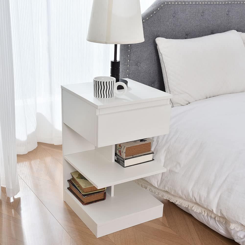 BAKAJI Moderner Nachttisch, 1 Schublade und 2 Regale, platzsparend, Weiss, 39 x 39 x 65 cm, Holz, Me