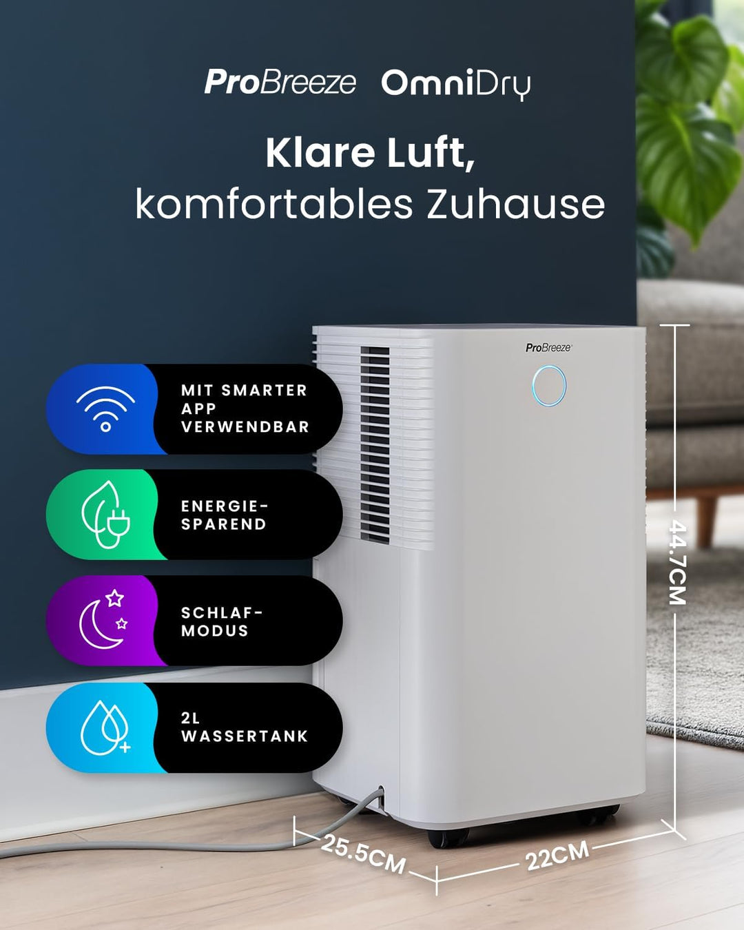 Pro Breeze OmniDry Luftentfeuchter mit App &amp; WLAN, 12L in 24h Entfeuchtungsleistung - Luftentfeuchte