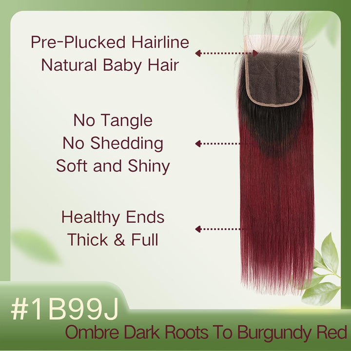Brazilian Ombre 1B99J Straight 4X4 Lace Closure 100% Unprocessed Human Virgin Hair Red Wine Pre-Pluc