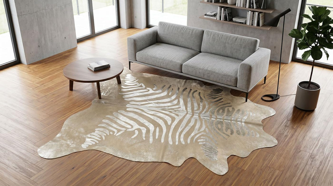 Kuhfell Stierfell Teppich Zebra Silber Devore ca. 220 x 190 cm aus Brasilien Kuhfell mit Zebra Prägu