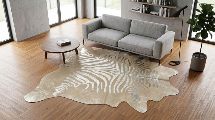 Kuhfell Stierfell Teppich Zebra Silber Devore ca. 220 x 190 cm aus Brasilien Kuhfell mit Zebra Prägu