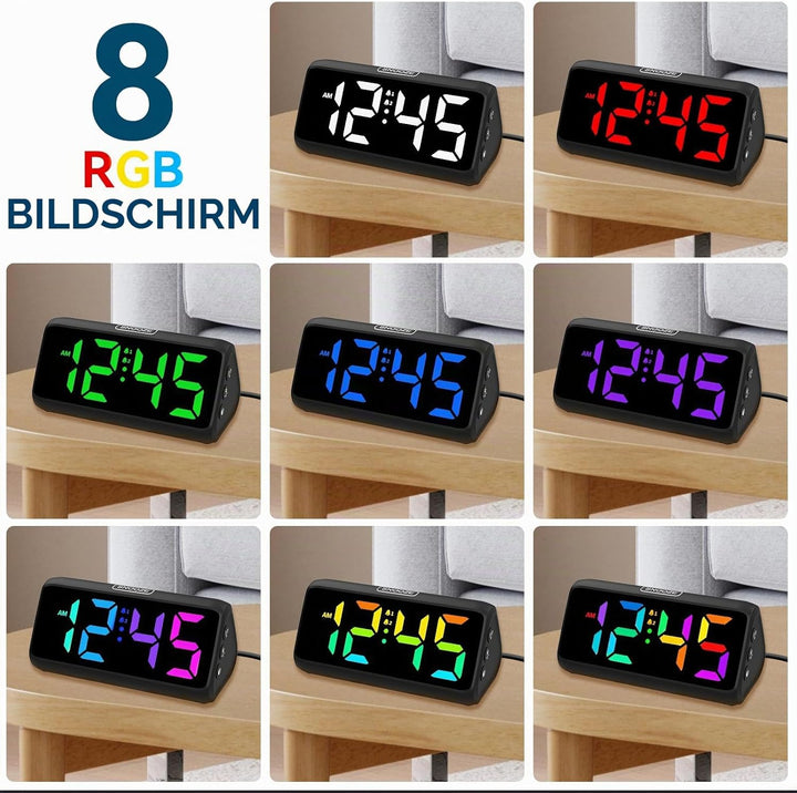 Lauter Wecker für Tiefschläfer, Wecker Digital mit Bunte Display, Doppelalarm, 5 Helligkeitsdimmer,