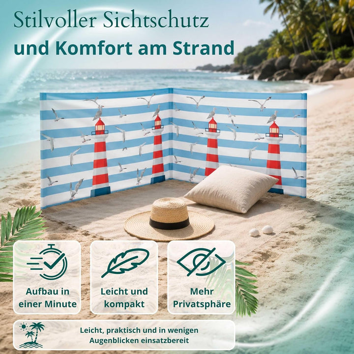 Strandparavent Mikrofaser | Windschutz 80cm | Leuchtturm 4m | Wetterfest | Mit Bindeseilen | Handgef