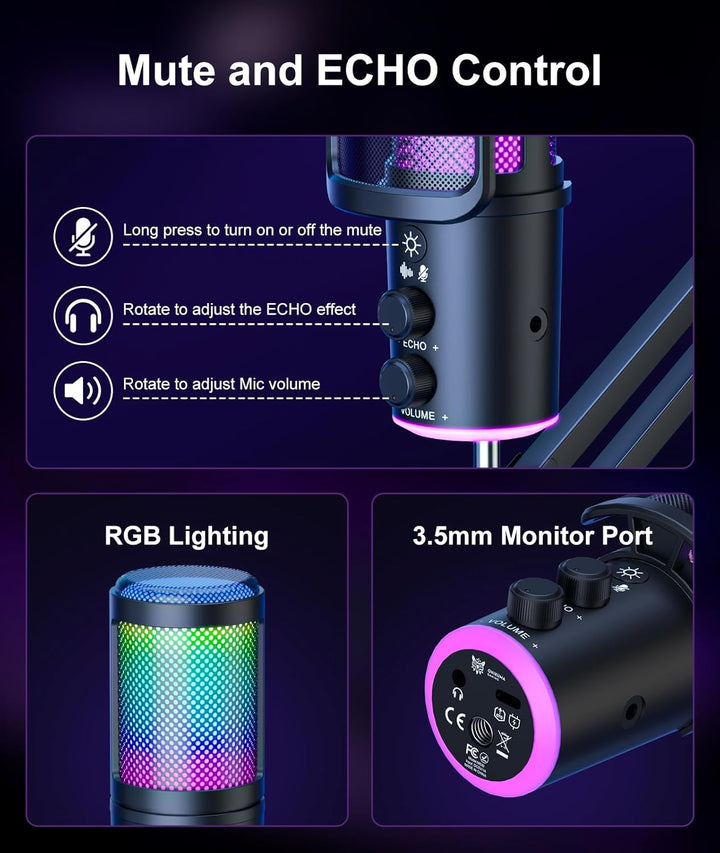 Gaming USB Mikrofon Kit mit Galgenarm - RGB Kondensator Mikrofon mit Geräuschunterdrückung, Stummsch