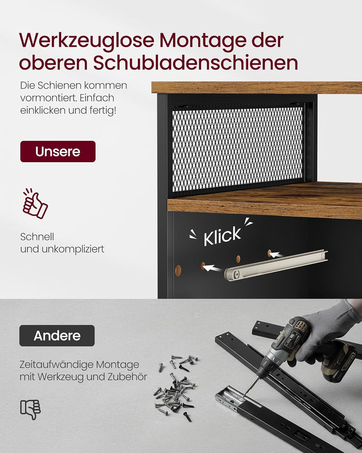 VASAGLE Hierarchivschränke, Büro-Schrank mit 2 abschliessbaren Schubladen, Rädern, offenes Regal, fü