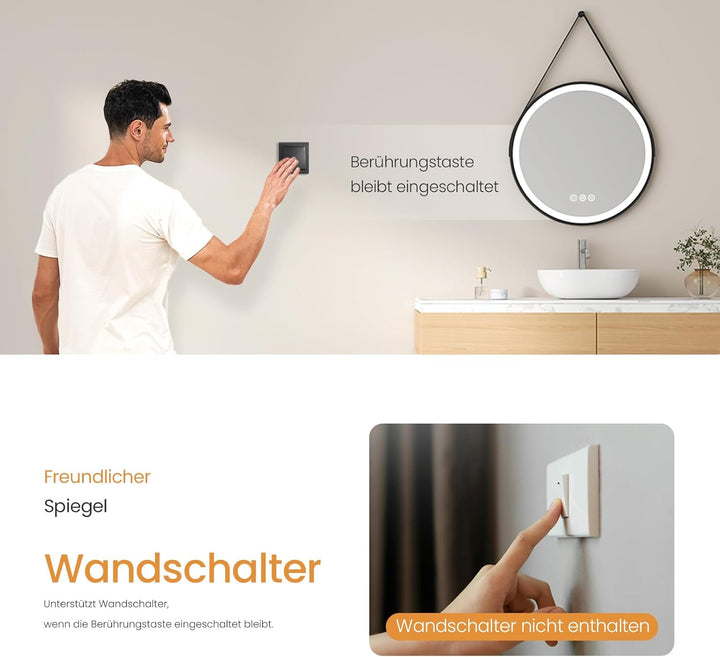 EMKE Badspiegel mit Beleuchtung 50cm wandspiegel rund mit 3 Lichtfarbe dimmbar, Antibeschlag, Speich