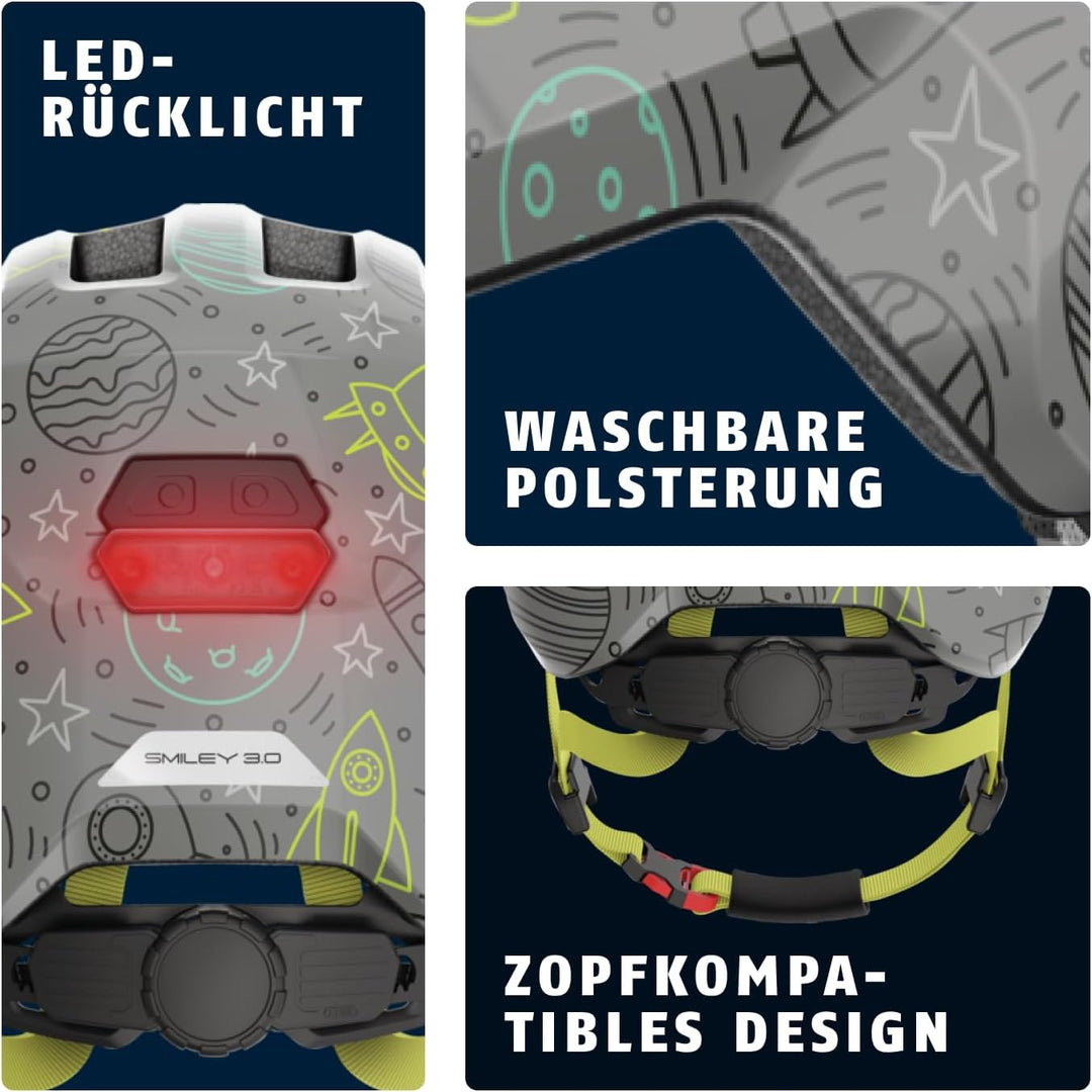 ABUS Kinderhelm Smiley 3.0 LED - Fahrradhelm mit Licht - tiefe Passform & Platz für einen Zopf - für