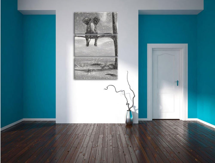 Pixxprint Elefant auf einem AST in der Wüste als Leinwandbild 3 teilig/Grösse: 3 Teilig (120x80) / W