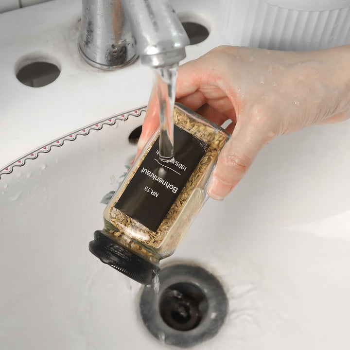 24er Set Gewürzgläser Eckig mit Streueinsatz - mit 324 Deutsch Wasserfeste Label - 120ml Luftdichte