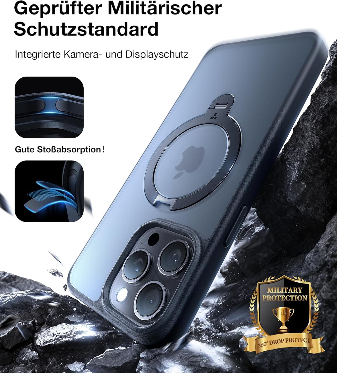 TORRAS 360° Ostand Spin für iPhone 15 Pro Hülle (Magnetischer Robust Standring) Militärschutz, Matt