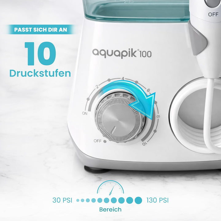 Aquapik® 100 professionelle Munddusche | Plaqueentferner + von Zahnärzten empfohlen | 8 Düsen, 10 Dr