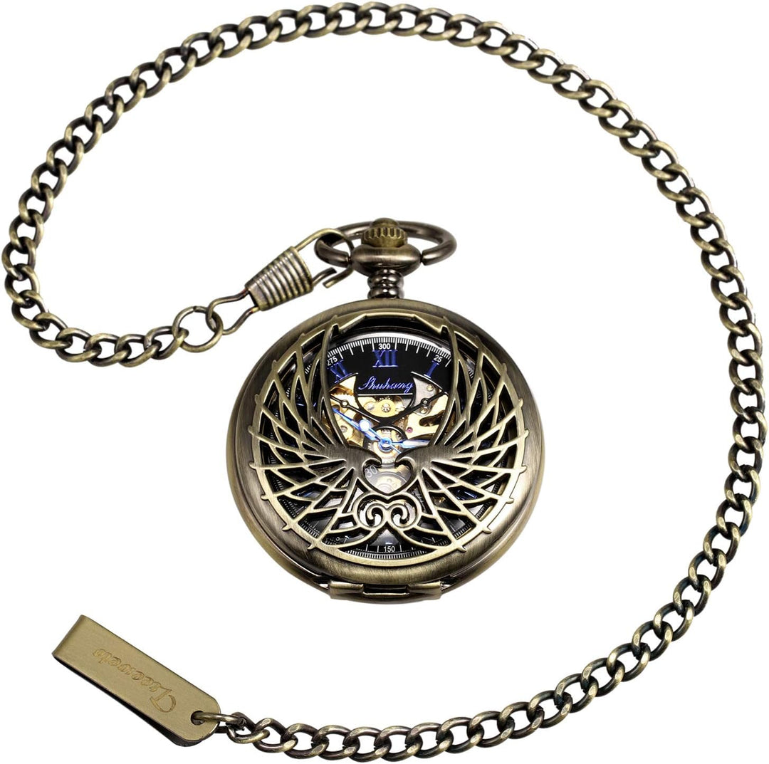 TREEWETO Unisex Taschenuhr mit Kette Analog Handaufzug Doppelscharnier Adler Skelett Römische Ziffer