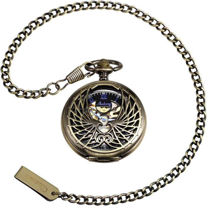 TREEWETO Unisex Taschenuhr mit Kette Analog Handaufzug Doppelscharnier Adler Skelett Römische Ziffer