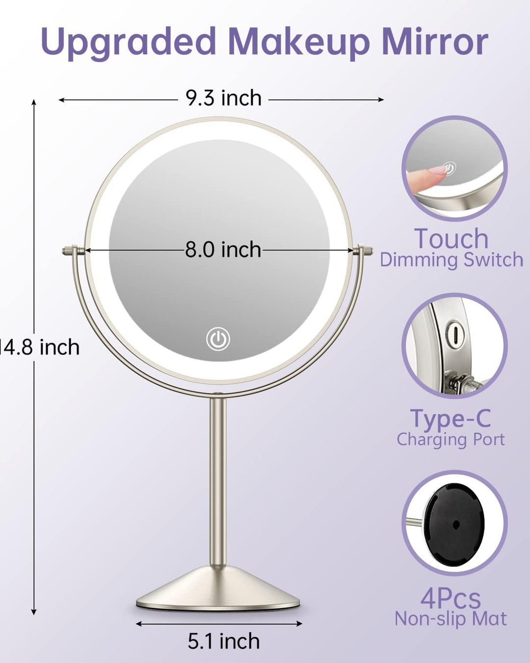 Gospire 8 Zoll Wiederaufladbar Kosmetikspiegel mit Licht, 3 Farben & Dimmable LED, 1X/10X Doppelseit