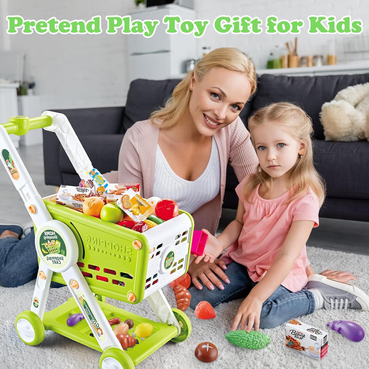 Supermarkt Einkaufswagen für Kinder, 31PCS Einkaufswagen Spielzeug mit Obst Gemüse Kaufladen Zubehör