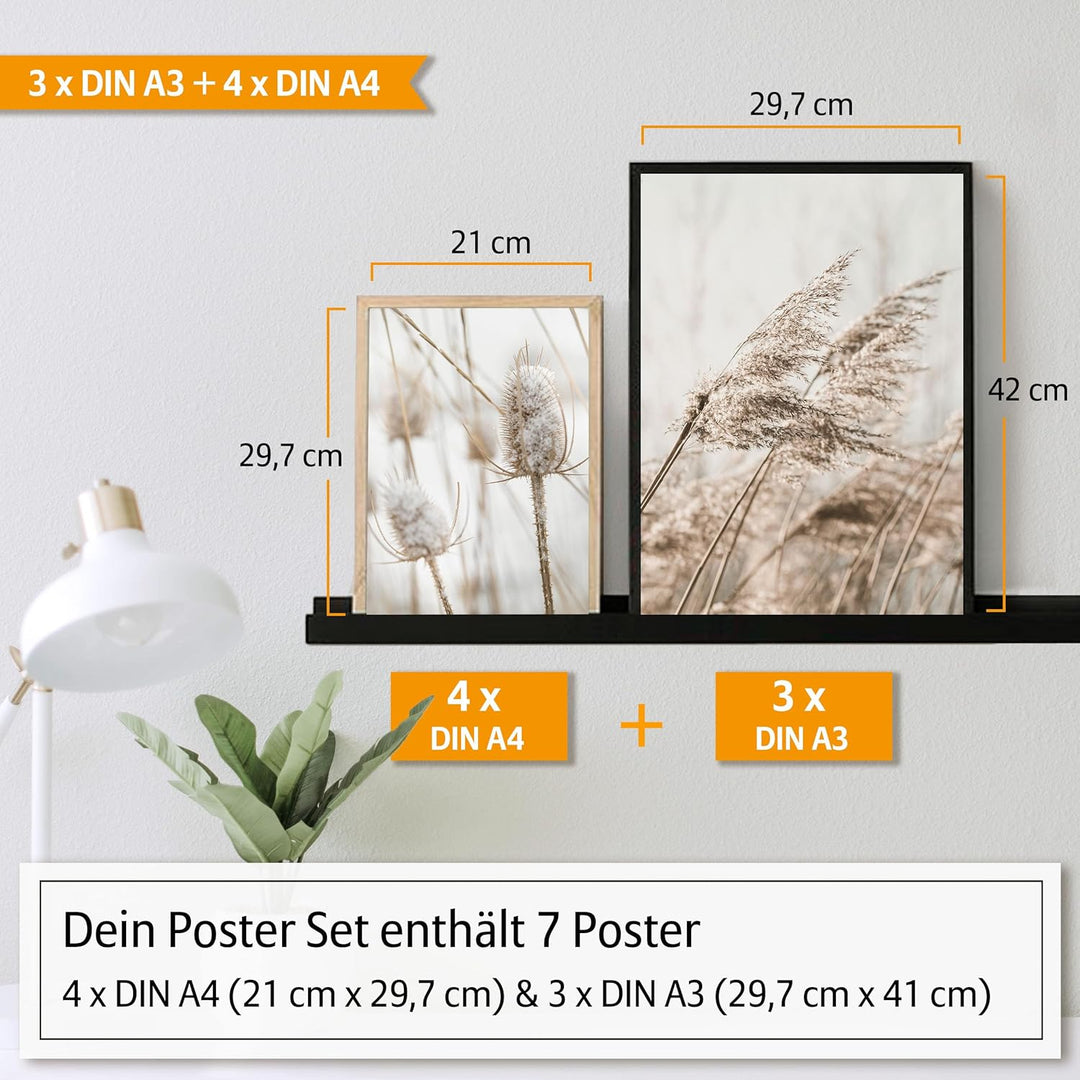 Hyggelig Home Premium Poster Set - 7 Gräser Bilder in Landschaft mit Blumen - Wandposter Boho Scandi